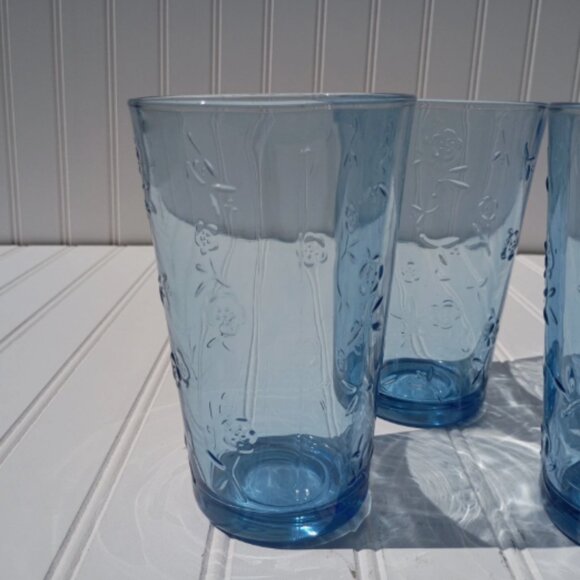 Anchor Hocking Savannah Tumblers Blue Drinking Glasses Etched Flowers SET OF 4 - Picture 7 of 15